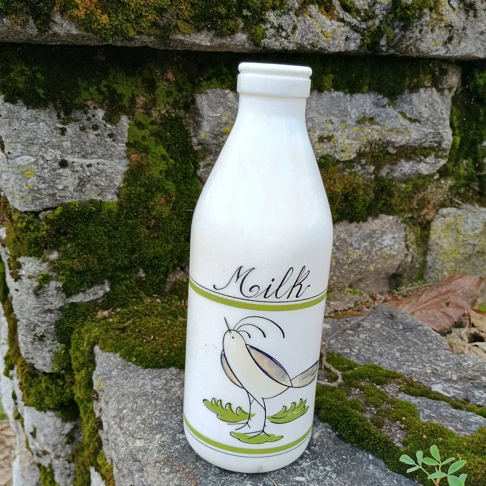 VTG Eqizia white glass quart size milk bottle, bird decor, whimsical decor